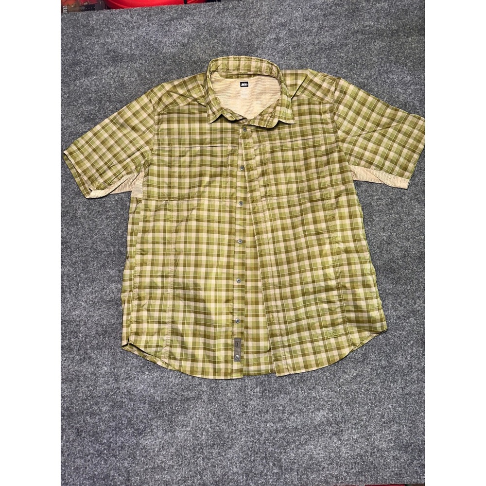 REI Co-op Mens Large Green Plaid Short Sleeve Hiking Shirt Mesh Vented Stretch